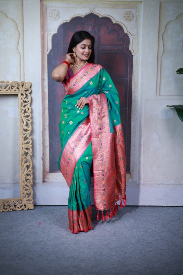 Firozi Paithani Ajanta Lotus With Lace Work Saree