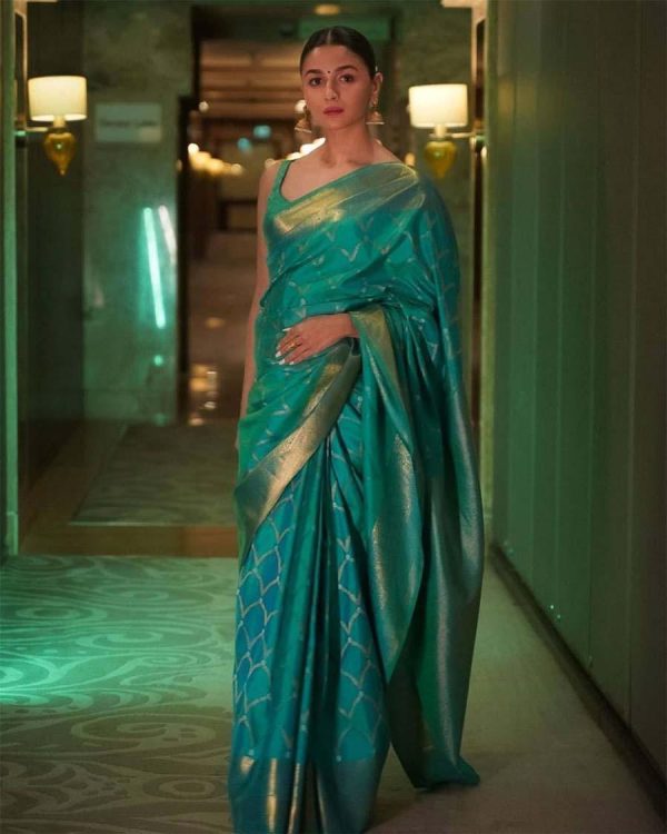 Firozi Soft Lichi Silk With Lace Border Saree