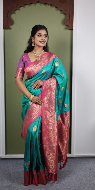 Firozi Soft Paithani Silk Zari Work Lace Saree