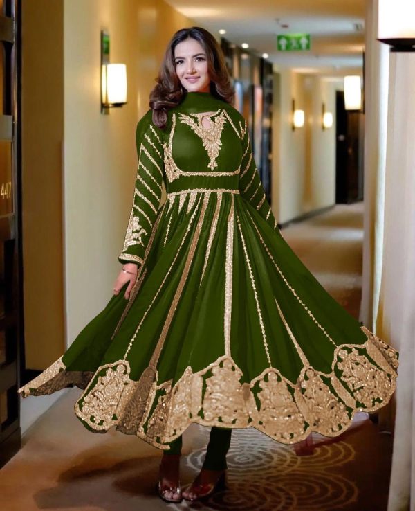 Green Faux Georgette With Full Embroidery Gown