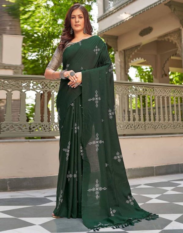 Green Natural Silk With Thread Embroidery Saree