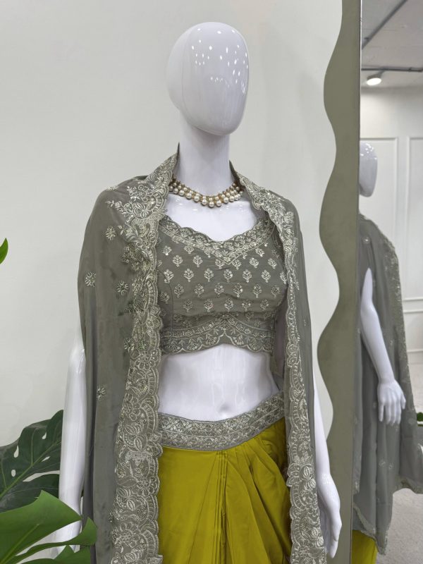 Grey American Crep Sequence Dhoti Suit