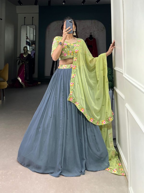 Grey Georgette Sequins Work Embroidery Lehenga Choli