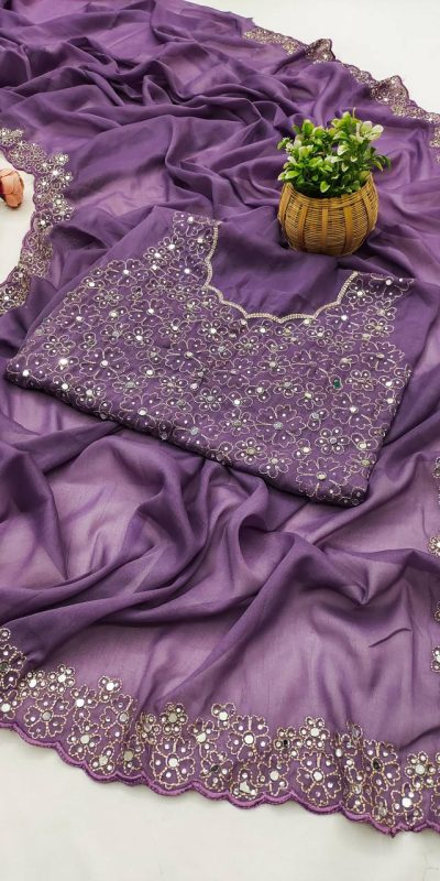 Lavender Star Georgette Silk Embroidery Work Saree