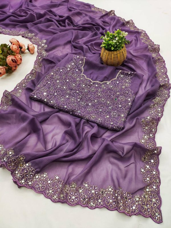 Lavender Star Georgette Silk Embroidery Work Saree
