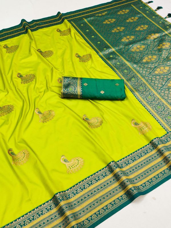 Lemon Yellow Soft Silk Zari Lace Work Saree