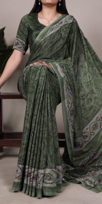 Mahendi Crepe With Printed Saree