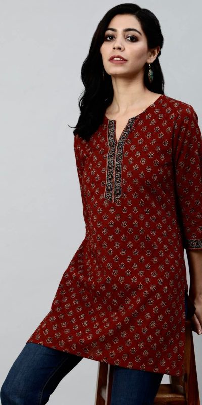 Maroon Cotton Printed Kurti