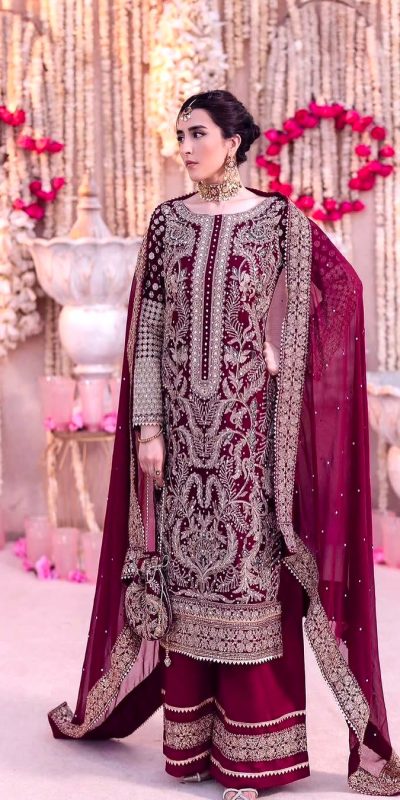 SRK 5297 Maroon Heavy Faux Georgette With Chain Stitch Embroidery Sequence Work Salwar Suit Wedding, Party, Festive, Events, 4-6 Working Days At 2399 | Jump Suits, Salwar suit, Designer Suits, Casual Suits, Creative suits, Palazzo Suits, Party Wear Suits, Patiala Suits, Straight Suits