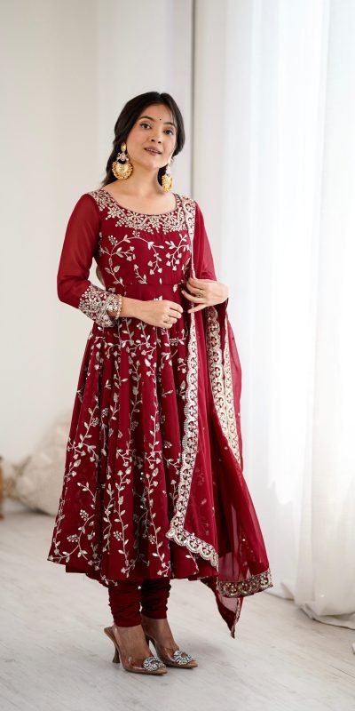 SRK 5299 Maroon Faux Georgette With Sequence Work Perfect for Wedding, Party, Temple Visit, Ganesh Chaturthi Festive, Events, 4-6 Working Days At 2149 | Gowns, Bollywood Gowns, Creative Gowns, Designer Gowns, Embroidered Gowns, Party Wear Gowns