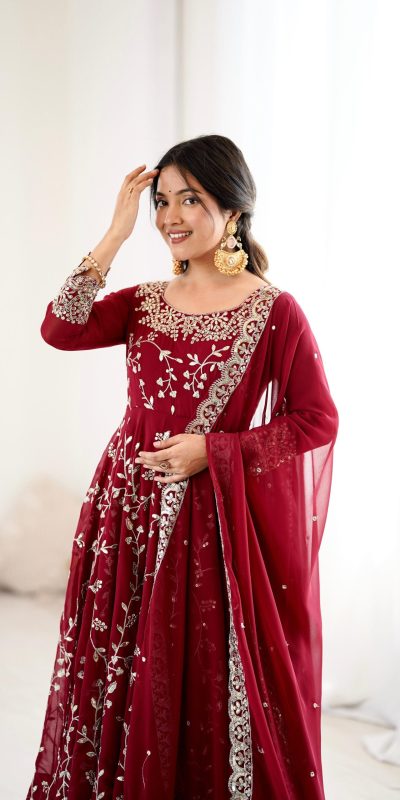 SRK 5299 Maroon Faux Georgette With Sequence Work Perfect for Wedding, Party, Temple Visit, Ganesh Chaturthi Festive, Events, 4-6 Working Days At 2149 | Gowns, Bollywood Gowns, Creative Gowns, Designer Gowns, Embroidered Gowns, Party Wear Gowns