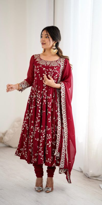SRK 5299 Maroon Faux Georgette With Sequence Work Perfect for Wedding, Party, Temple Visit, Ganesh Chaturthi Festive, Events, 4-6 Working Days At 2149 | Gowns, Bollywood Gowns, Creative Gowns, Designer Gowns, Embroidered Gowns, Party Wear Gowns