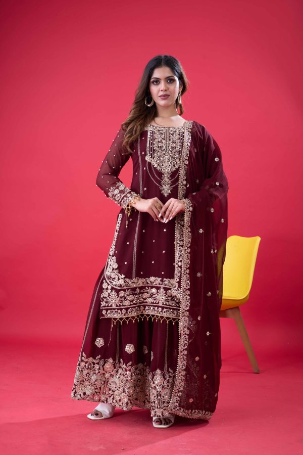 SR 1688 Maroon Faux Georgette with Lace Work & Embroidery Work. Salwar Suit Introductory Price ₹1949. Delivery 4-6 Working Days. Shop now. | Jump Suits, Salwar suit, Designer Suits, Casual Suits, Creative suits, Palazzo Suits, Party Wear Suits, Patiala Suits, Straight Suits