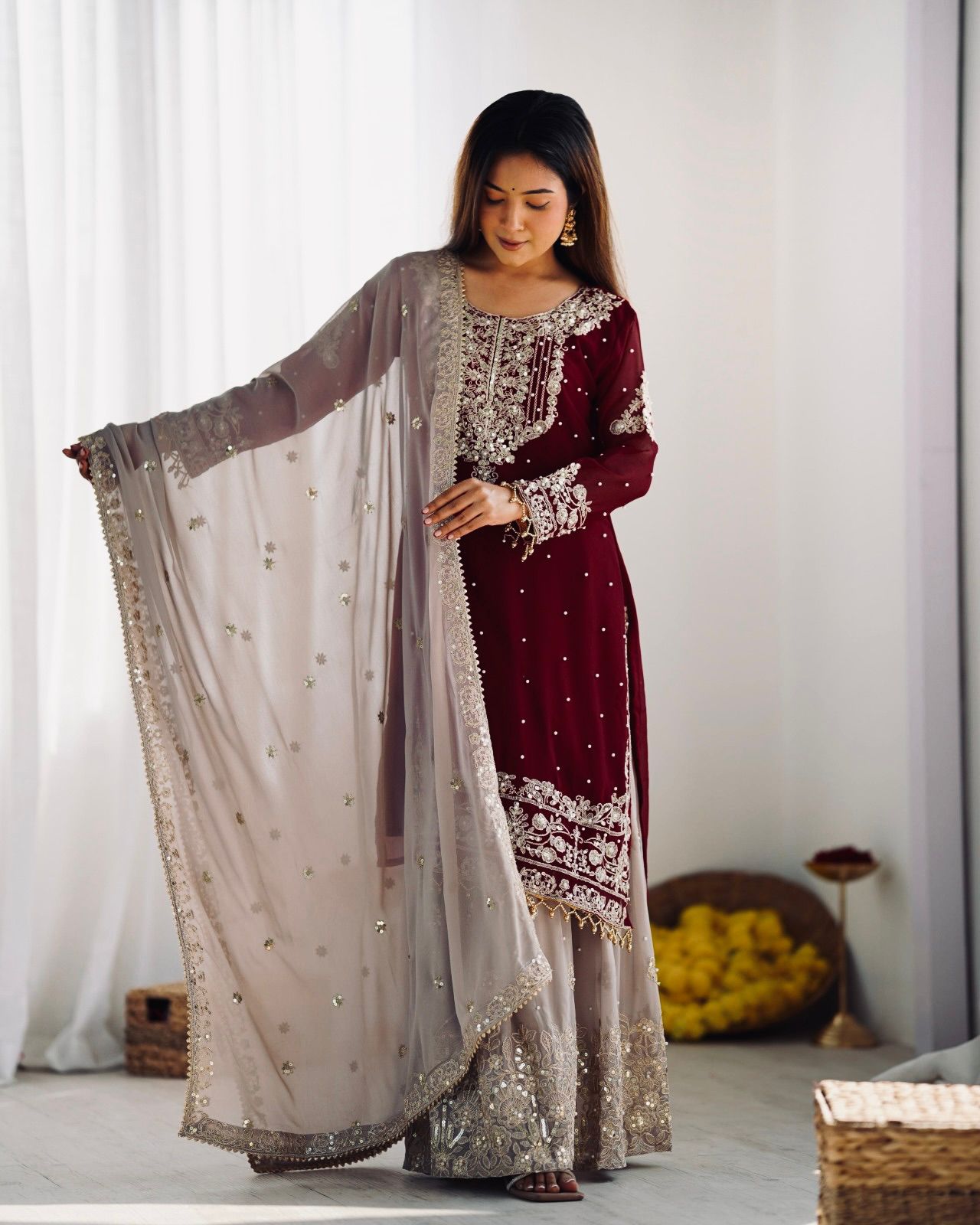 Maroon Faux Georgette With Moti Work Salwar Suit - Image 5