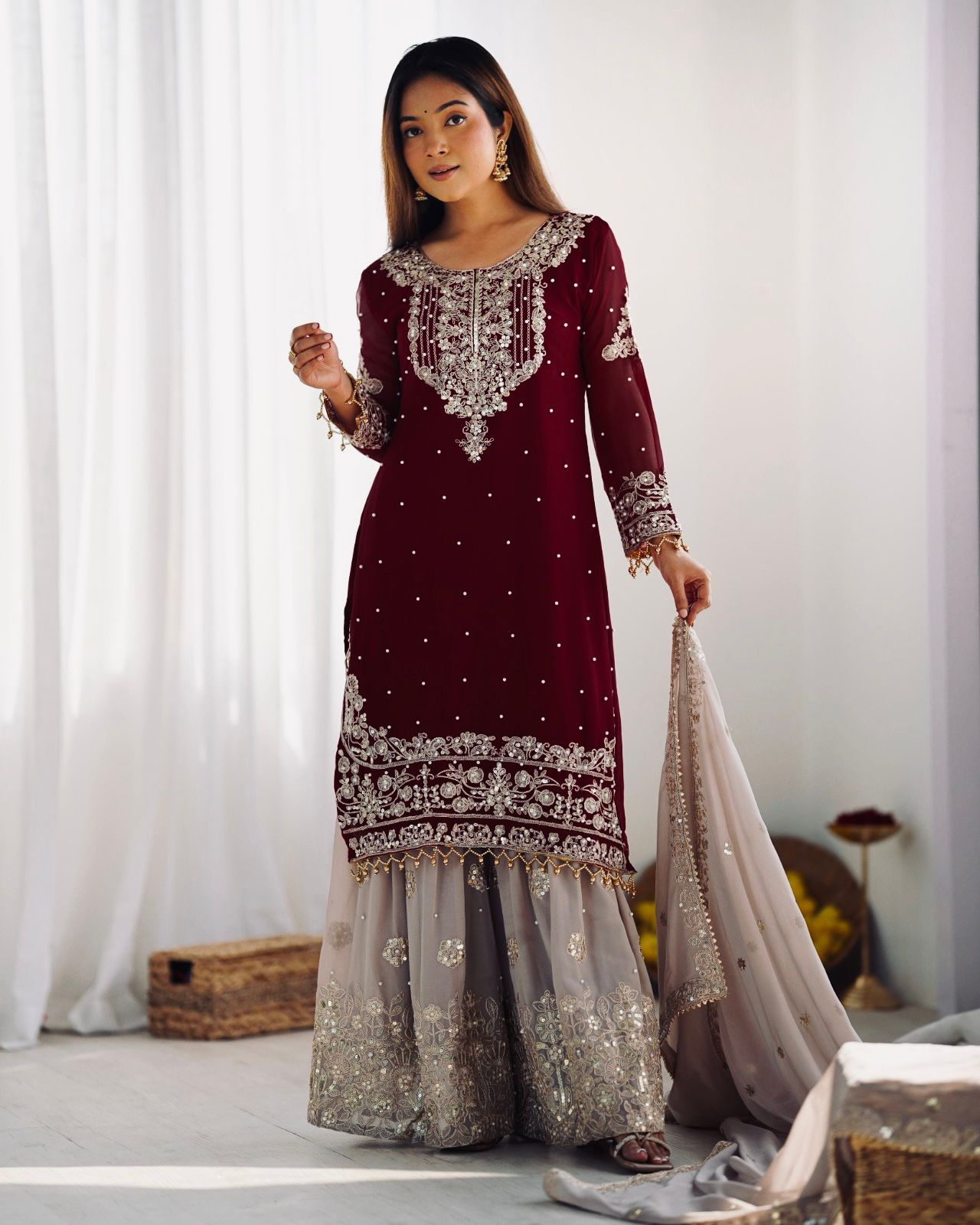 Maroon Faux Georgette With Moti Work Salwar Suit - Image 3