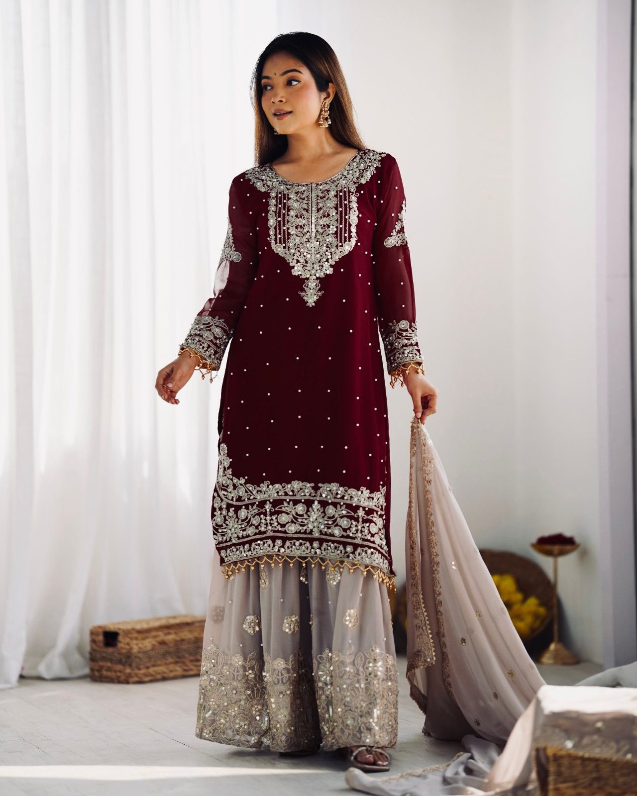 Maroon Faux Georgette With Moti Work Salwar Suit - Image 2