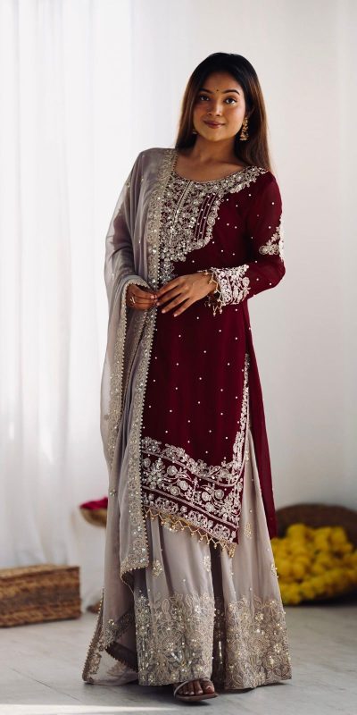 Maroon Faux Georgette With Moti Work Salwar Suit