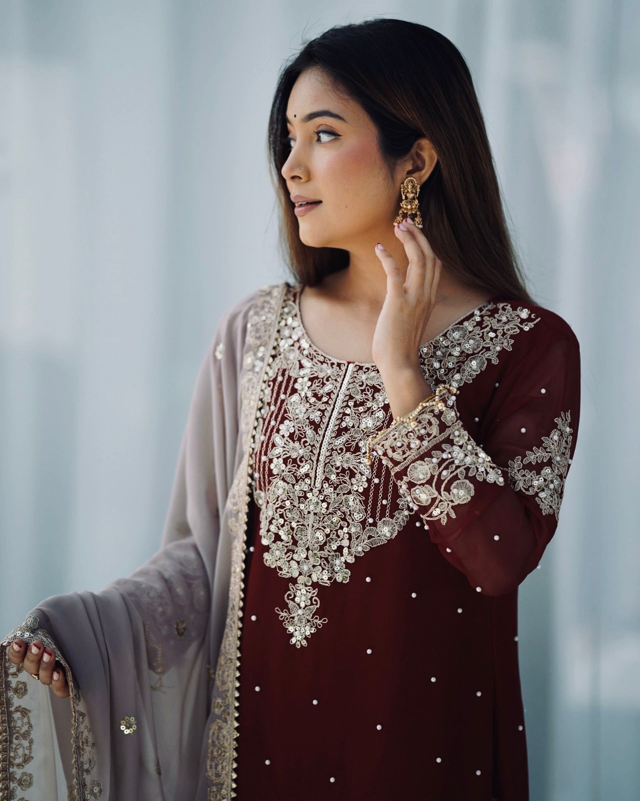 Maroon Faux Georgette With Moti Work Salwar Suit - Image 13