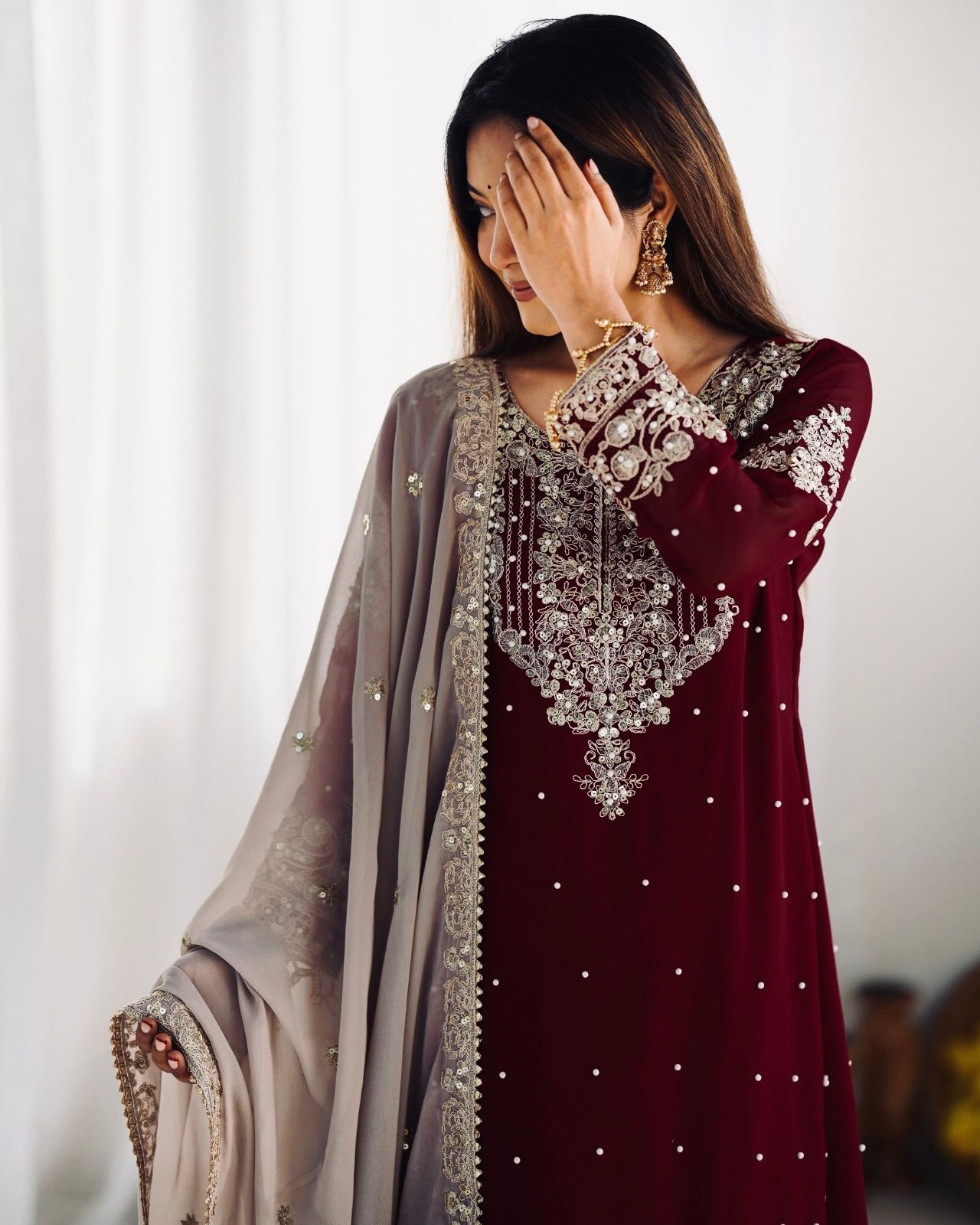 Maroon Faux Georgette With Moti Work Salwar Suit - Image 11