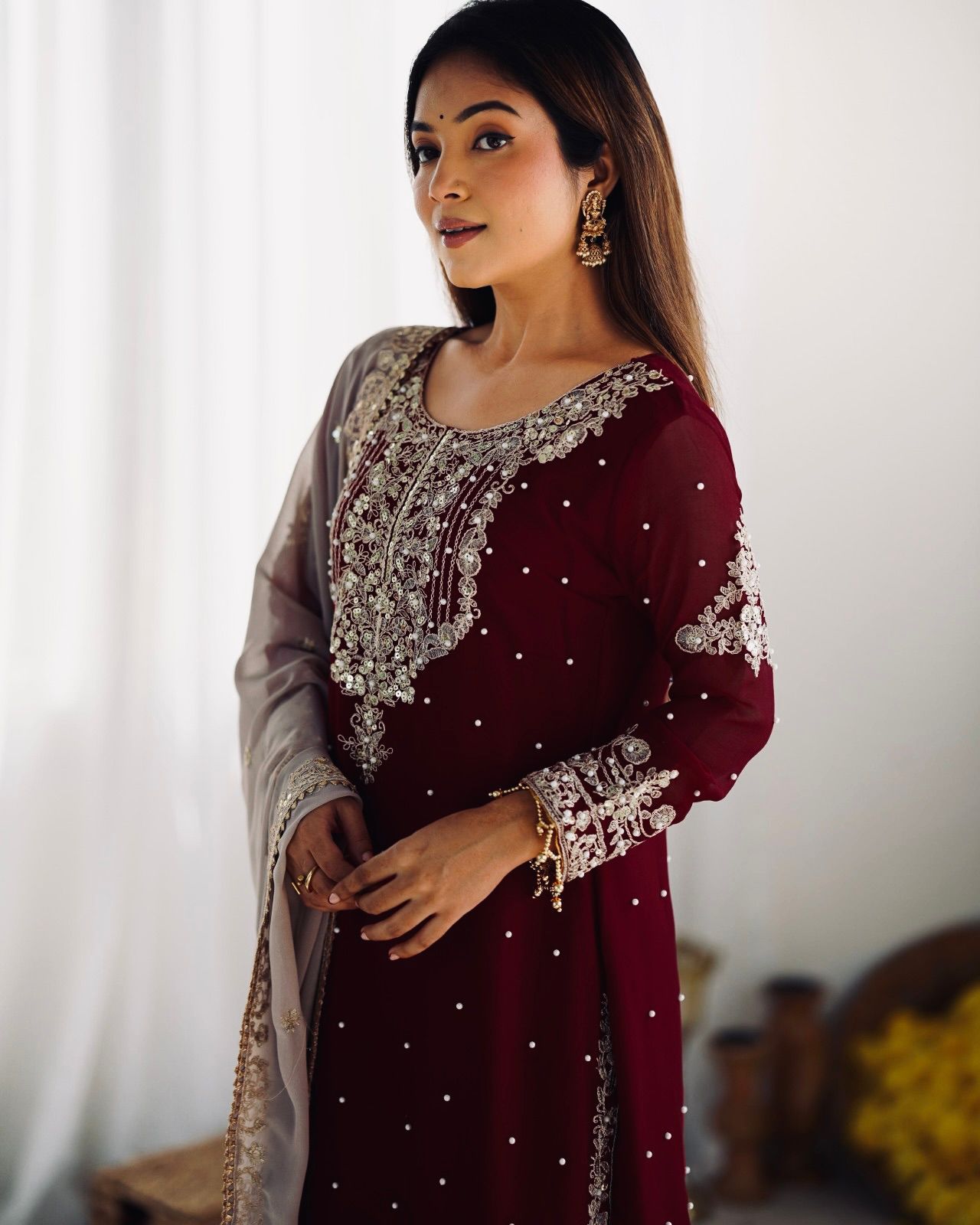 Maroon Faux Georgette With Moti Work Salwar Suit - Image 10