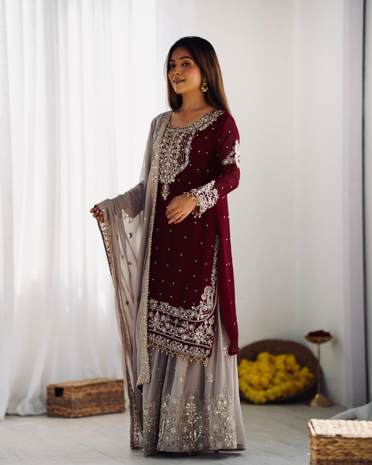 Maroon Faux Georgette With Moti Work Salwar Suit - Image 8