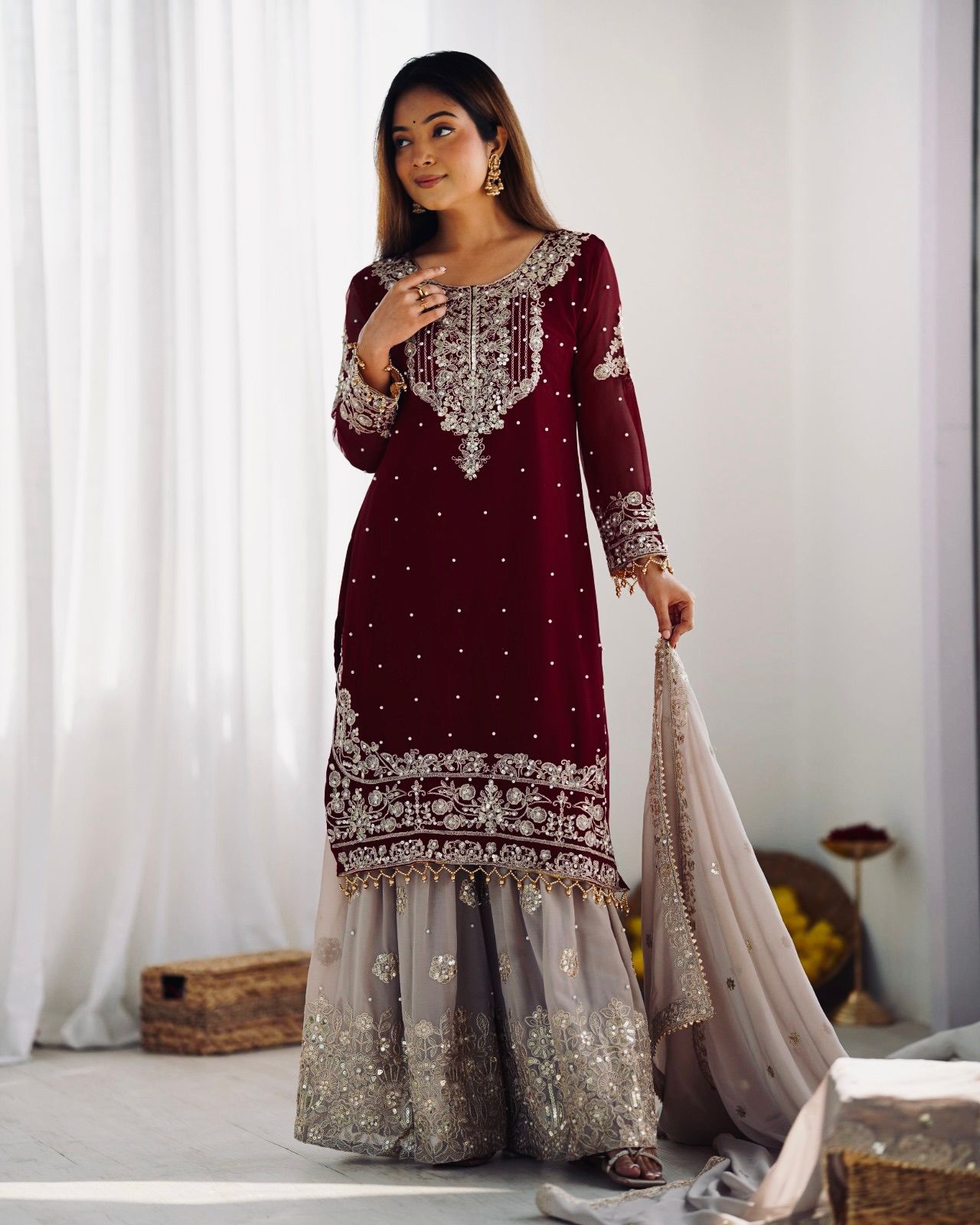 Maroon Faux Georgette With Moti Work Salwar Suit - Image 7