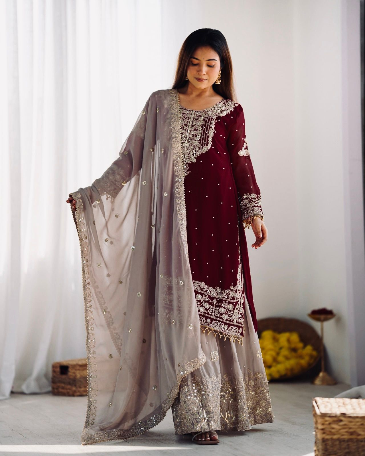 Maroon Faux Georgette With Moti Work Salwar Suit - Image 6