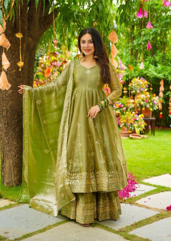 Mehandi Crunchy Silk With Embroidery Salwar Suit