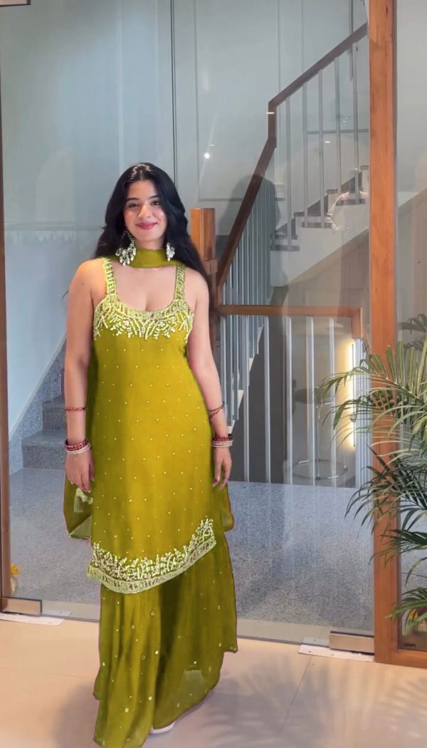 Mehandi Faux Georgette With Lace Work Salwar Suit
