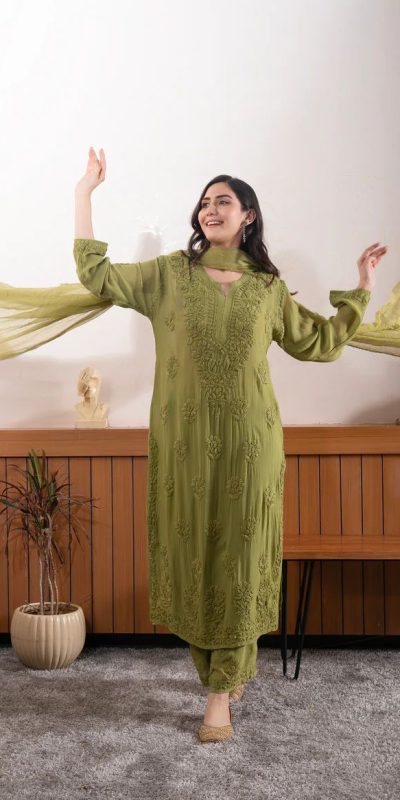 Mehandi Georgette Embroidery Work Salwal Suit