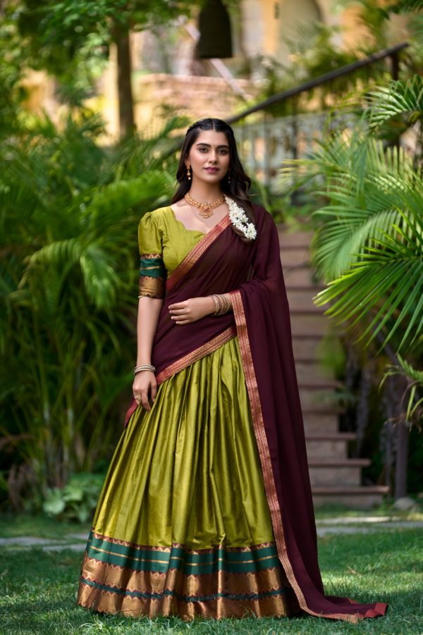 Mehandi Poly Cotton Lace Work Zari Lehenga Choli
