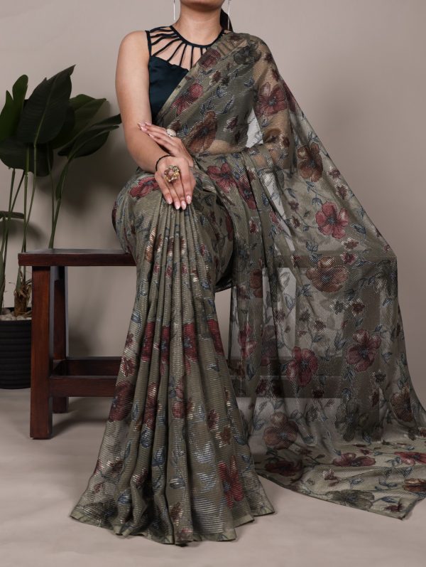 Mehendi Lurex Brasso Floral Saree