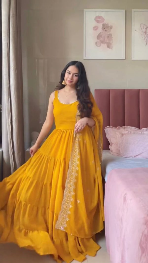 Mustard Faux Georgette Lace Work Salwar Suit