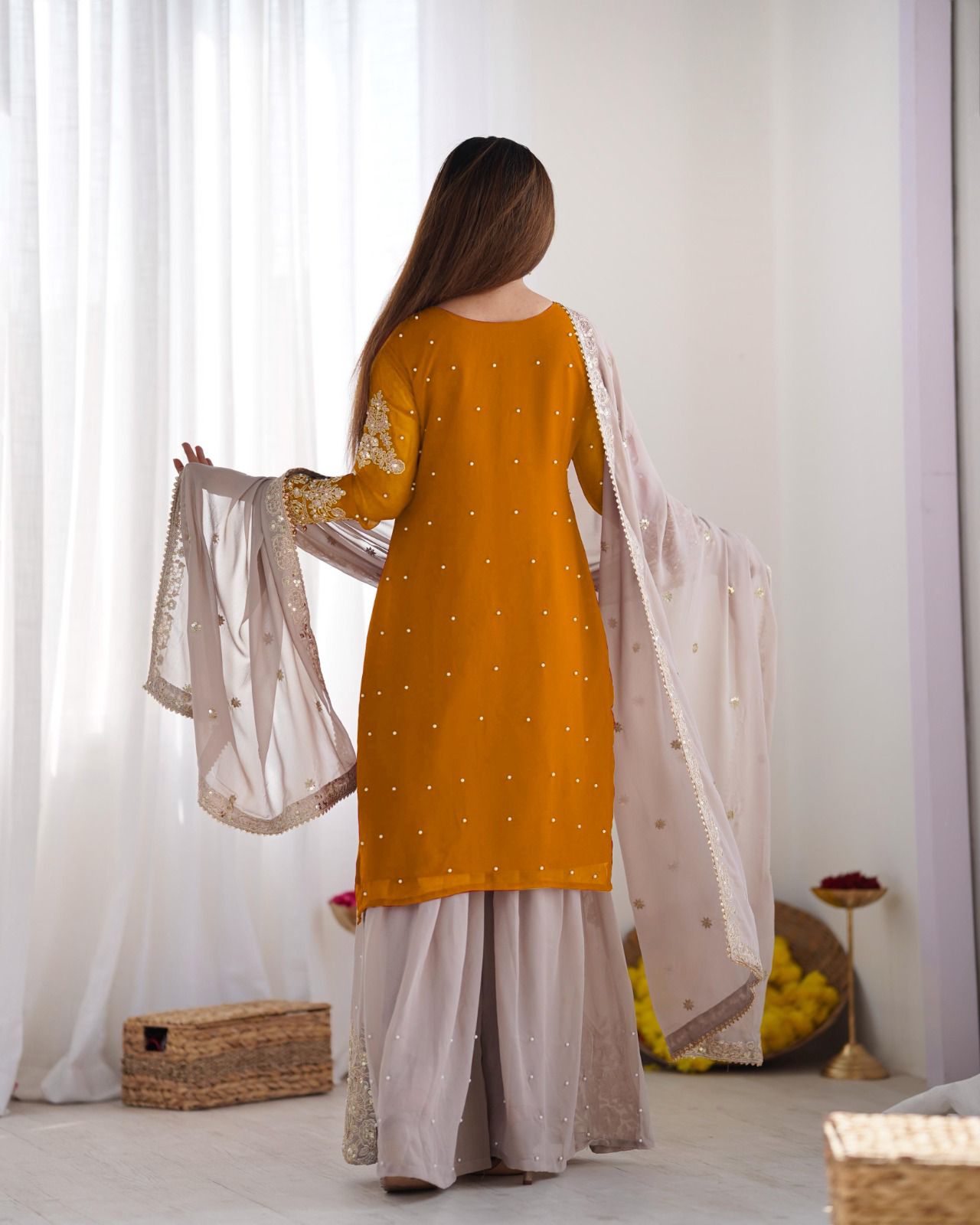 Mustard Faux Georgette With Moti Work Salwar Suit - Image 13