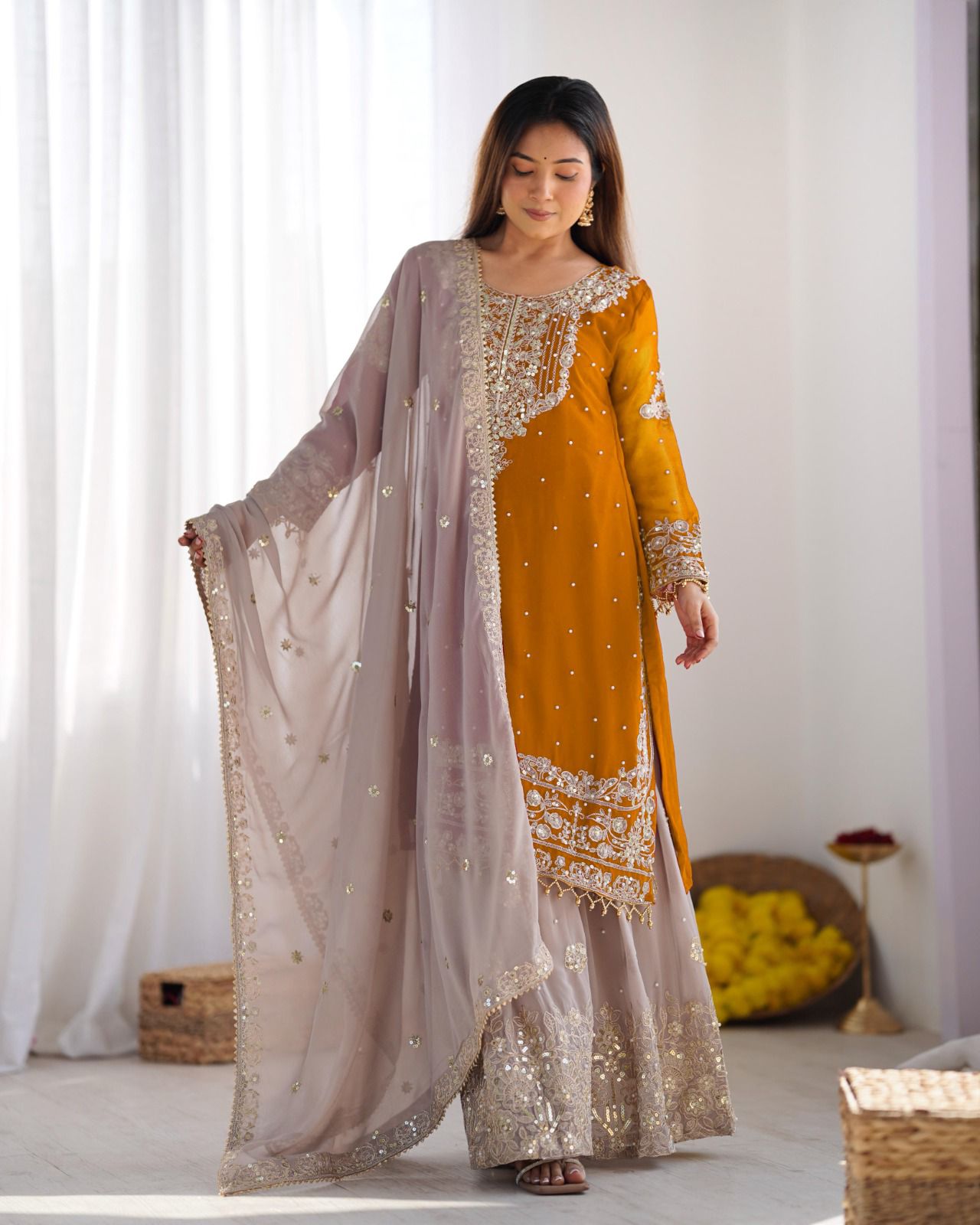 Mustard Faux Georgette With Moti Work Salwar Suit - Image 4