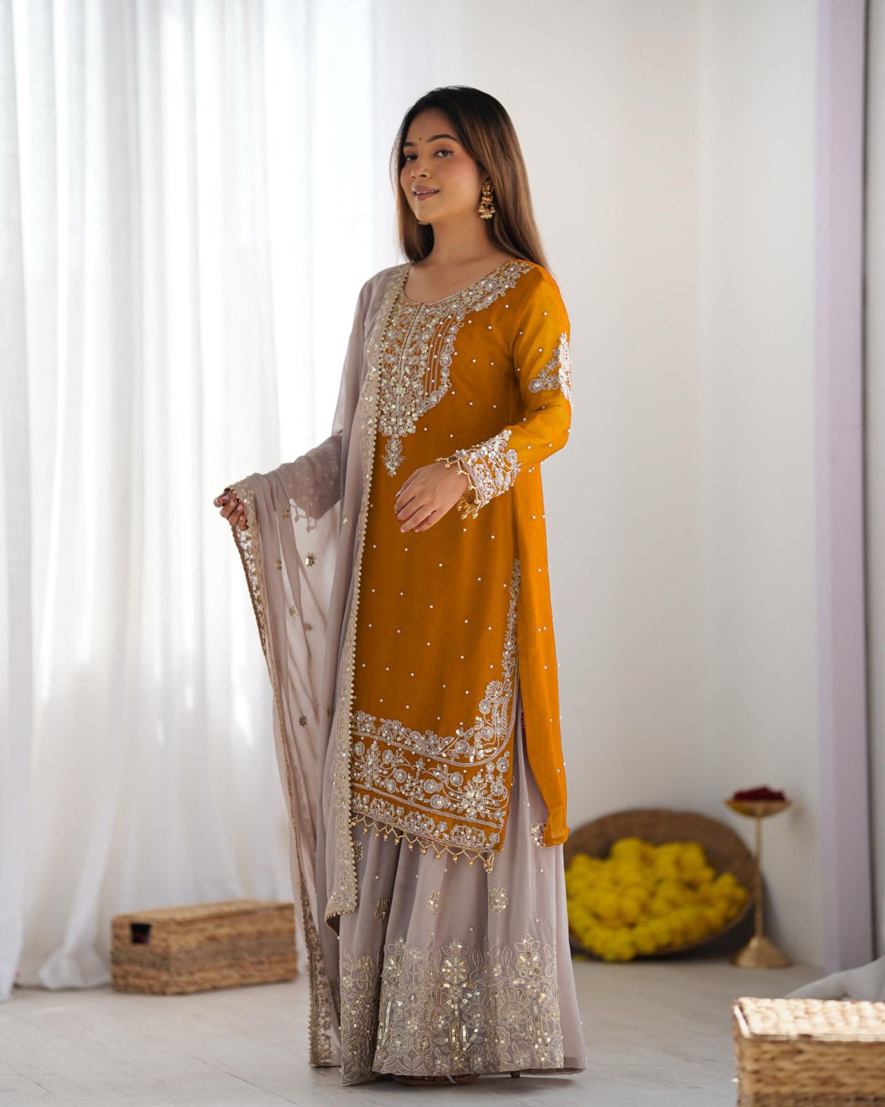 Mustard Faux Georgette With Moti Work Salwar Suit - Image 3