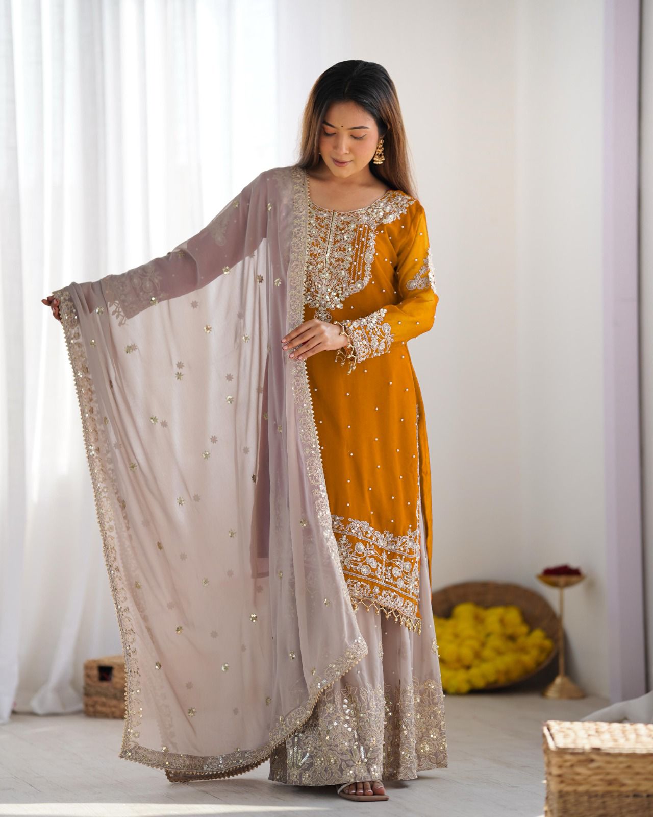 Mustard Faux Georgette With Moti Work Salwar Suit - Image 2