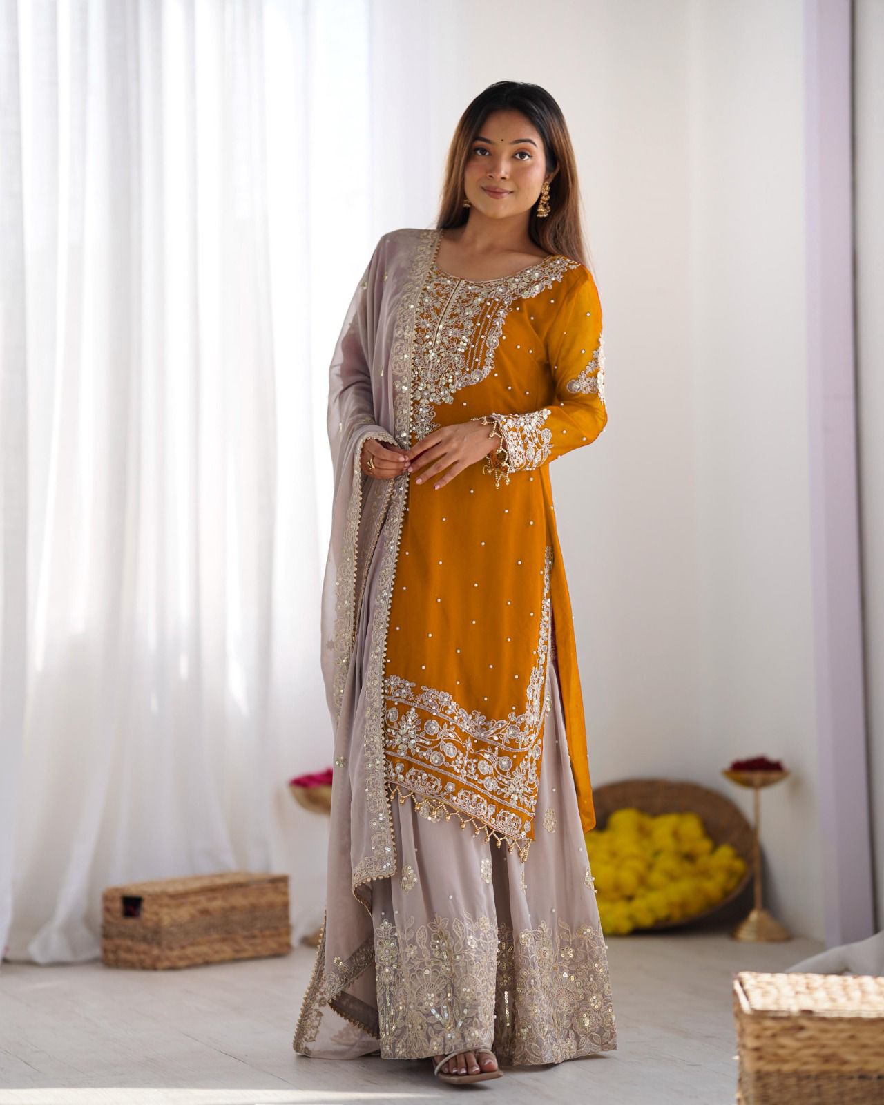 Mustard Faux Georgette With Moti Work Salwar Suit