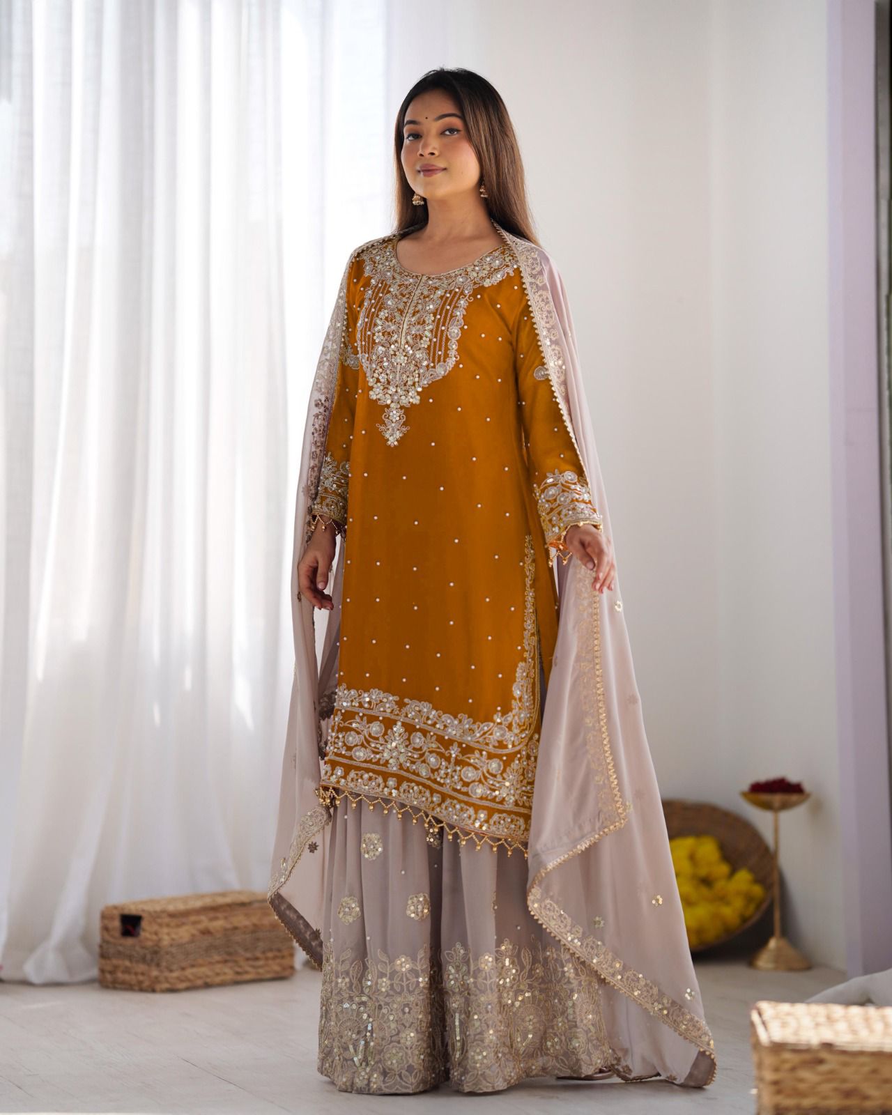 Mustard Faux Georgette With Moti Work Salwar Suit - Image 12