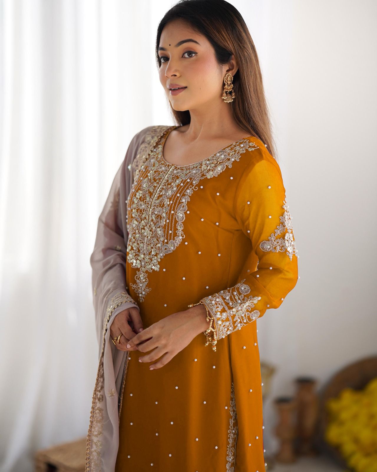 Mustard Faux Georgette With Moti Work Salwar Suit - Image 9