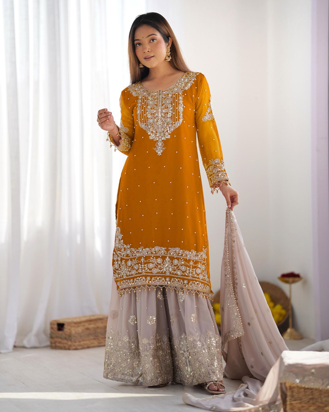 Mustard Faux Georgette With Moti Work Salwar Suit - Image 8