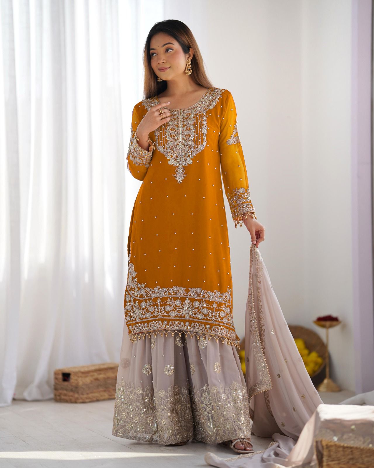 Mustard Faux Georgette With Moti Work Salwar Suit - Image 7