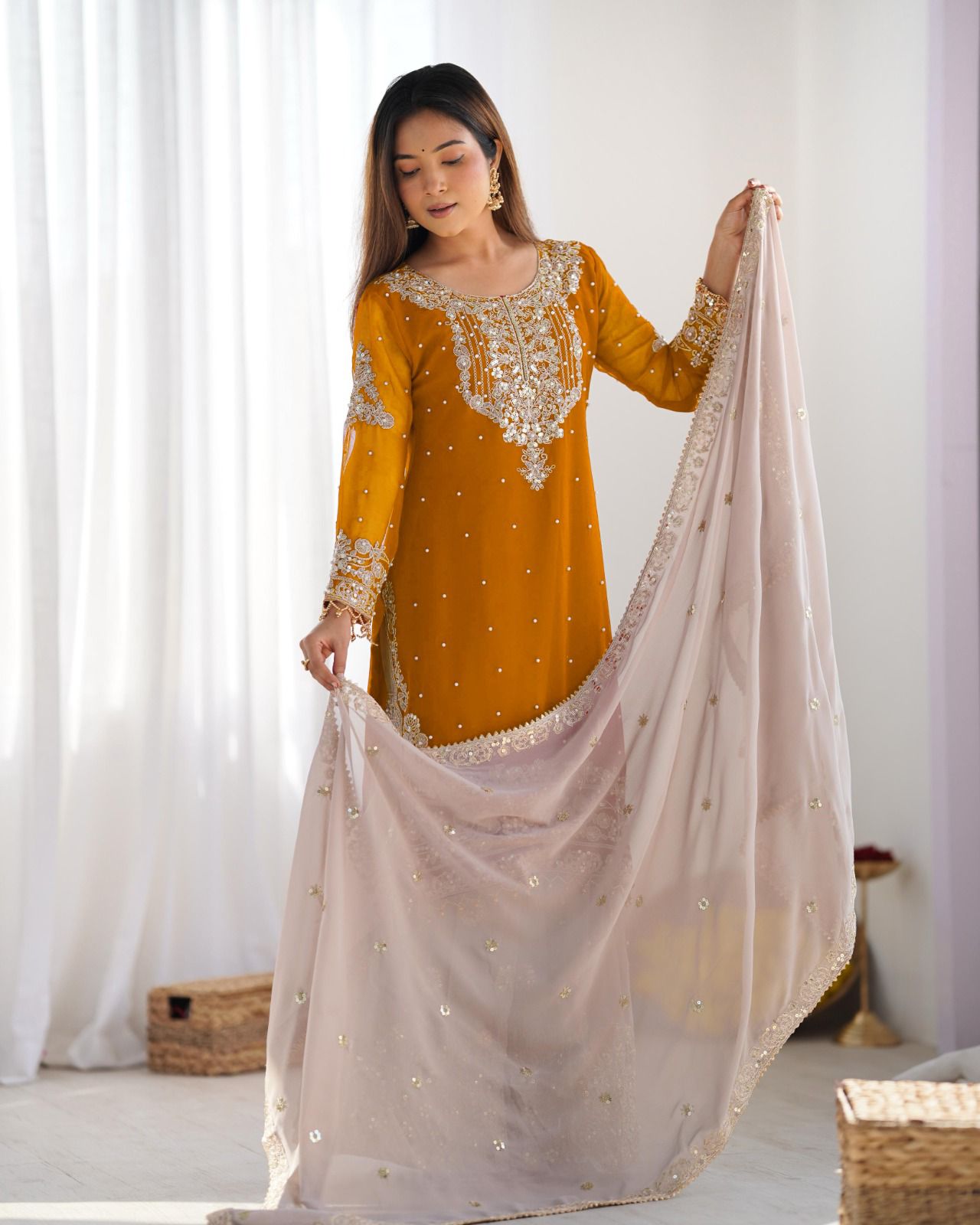 Mustard Faux Georgette With Moti Work Salwar Suit - Image 6