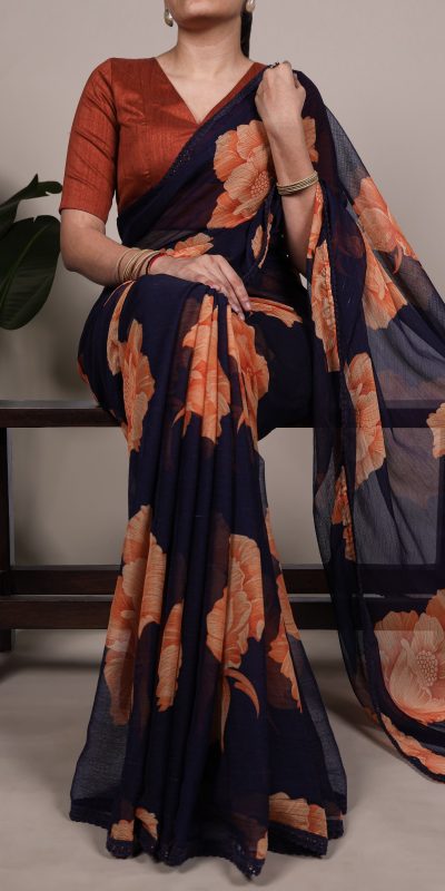 Navy Blue Chiffon With Lace Work Saree