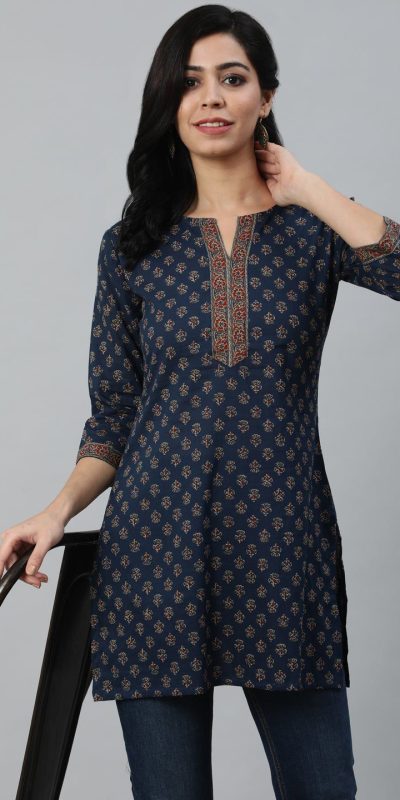 Navy Blue Cotton Printed Kurti