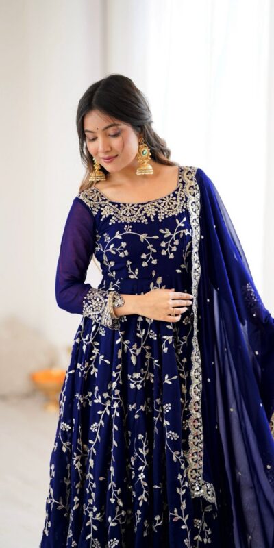 SRK 5299 Navy Blue Faux Georgette With Sequence Work Perfect for Wedding, , Lohri, Temple Visit, Ganesh Chaturthi Festive, Events, 4-6 Working Days At 2149 | Gowns, Bollywood Gowns, Creative Gowns, Designer Gowns, Embroidered Gowns, Party Wear Gowns