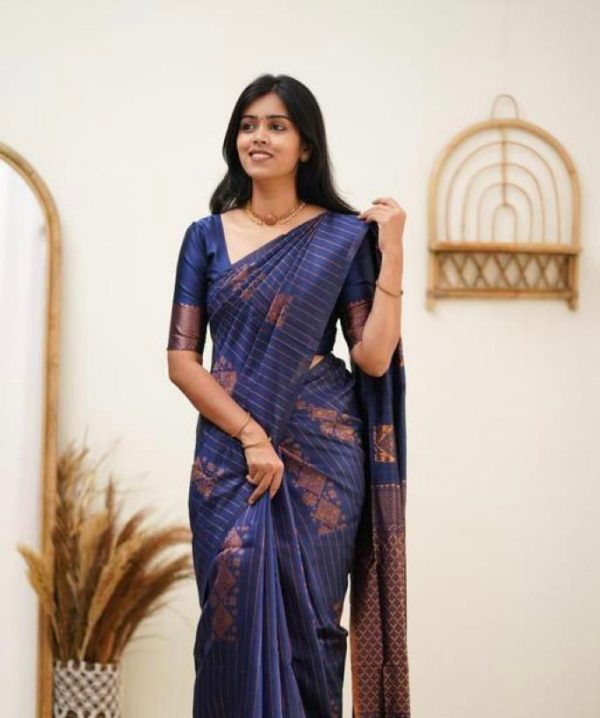 Navy Blue Soft Lichi Silk With Lace Work Saree