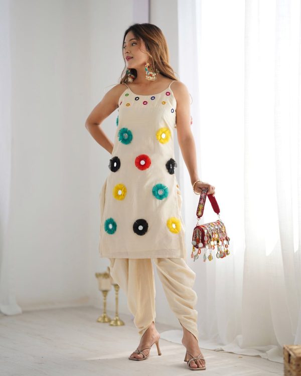 Off White Khadi Cotton Mirror Work Dhoti Suit