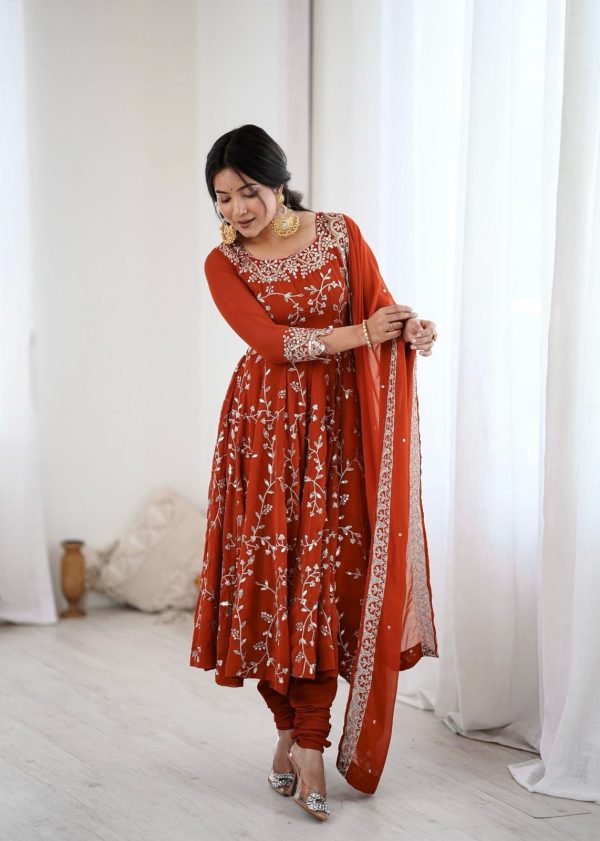 Orange Faux Georgette With Embroidery Gown