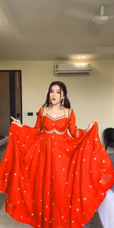 RTC 5924 Orange Georgette Thread With Sequence Gown Perfect for Wedding, Party, Reception, Holi, Eid . Available at ₹1999 only. Delivery 4-6 Working Days. | Gowns, Bollywood Gowns, Creative Gowns, Designer Gowns, Embroidered Gowns, Party Wear Gowns